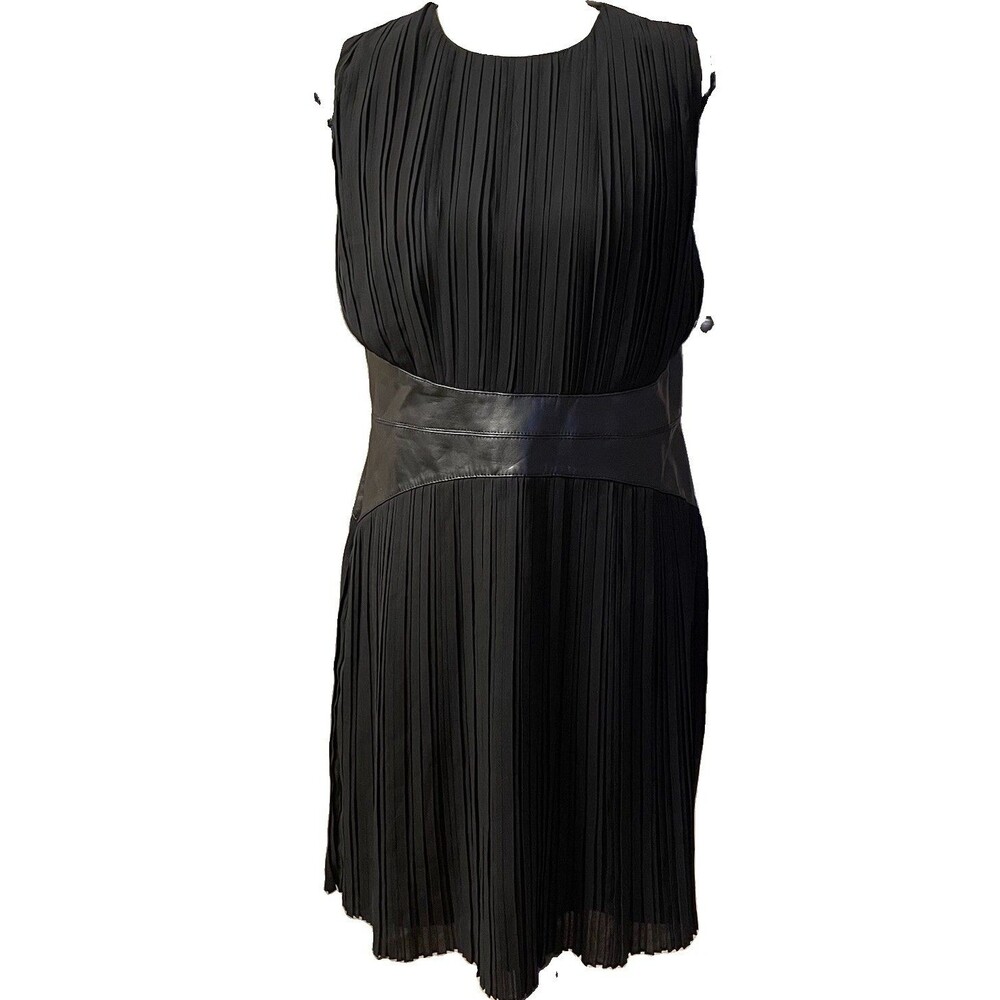 Karen Millen Black Pleated Dress US 10 Faux Leather Waist Accordion Mini Goth